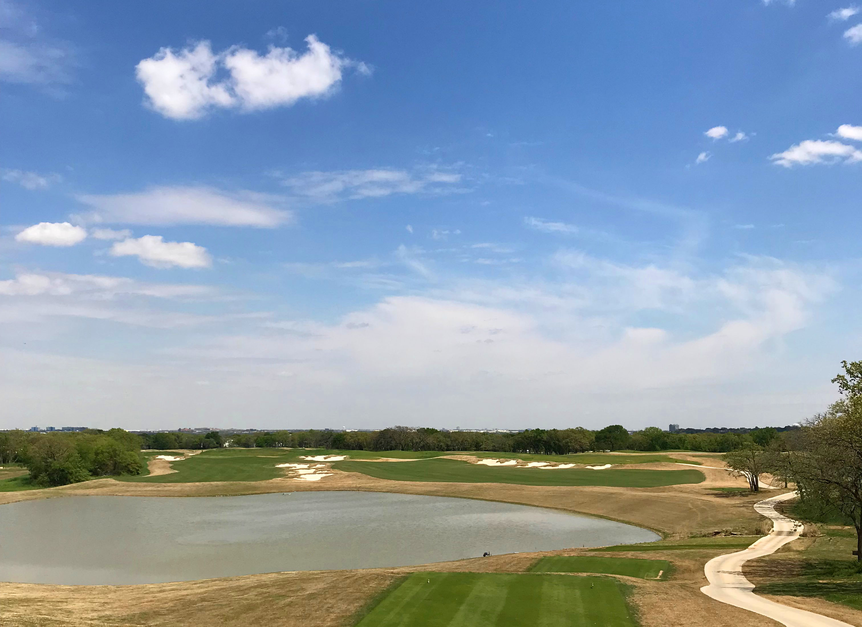 Par-4 5th hole with dual fairway from elevated tee