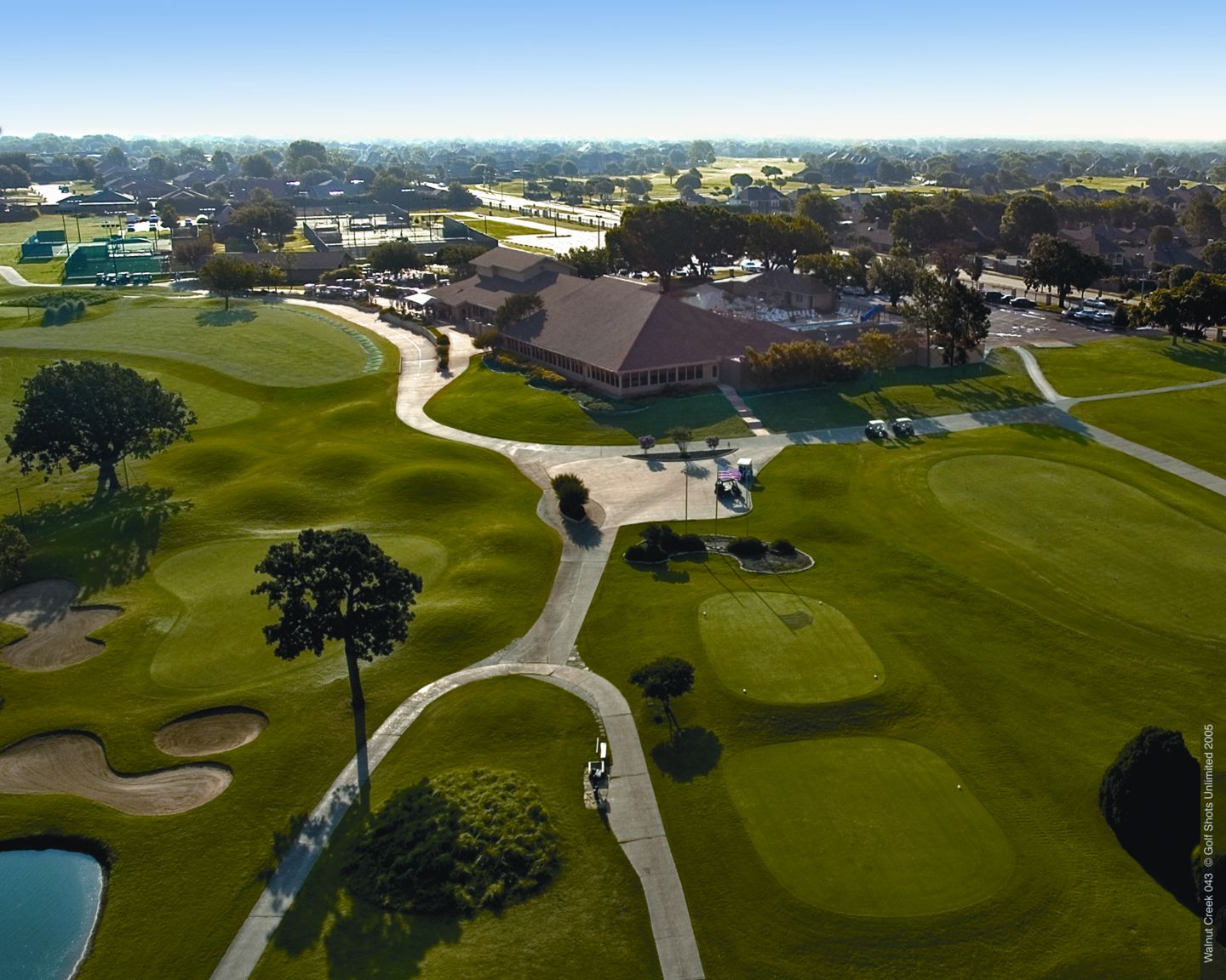Aerial view of clubhouse and course at Pecan Trails
